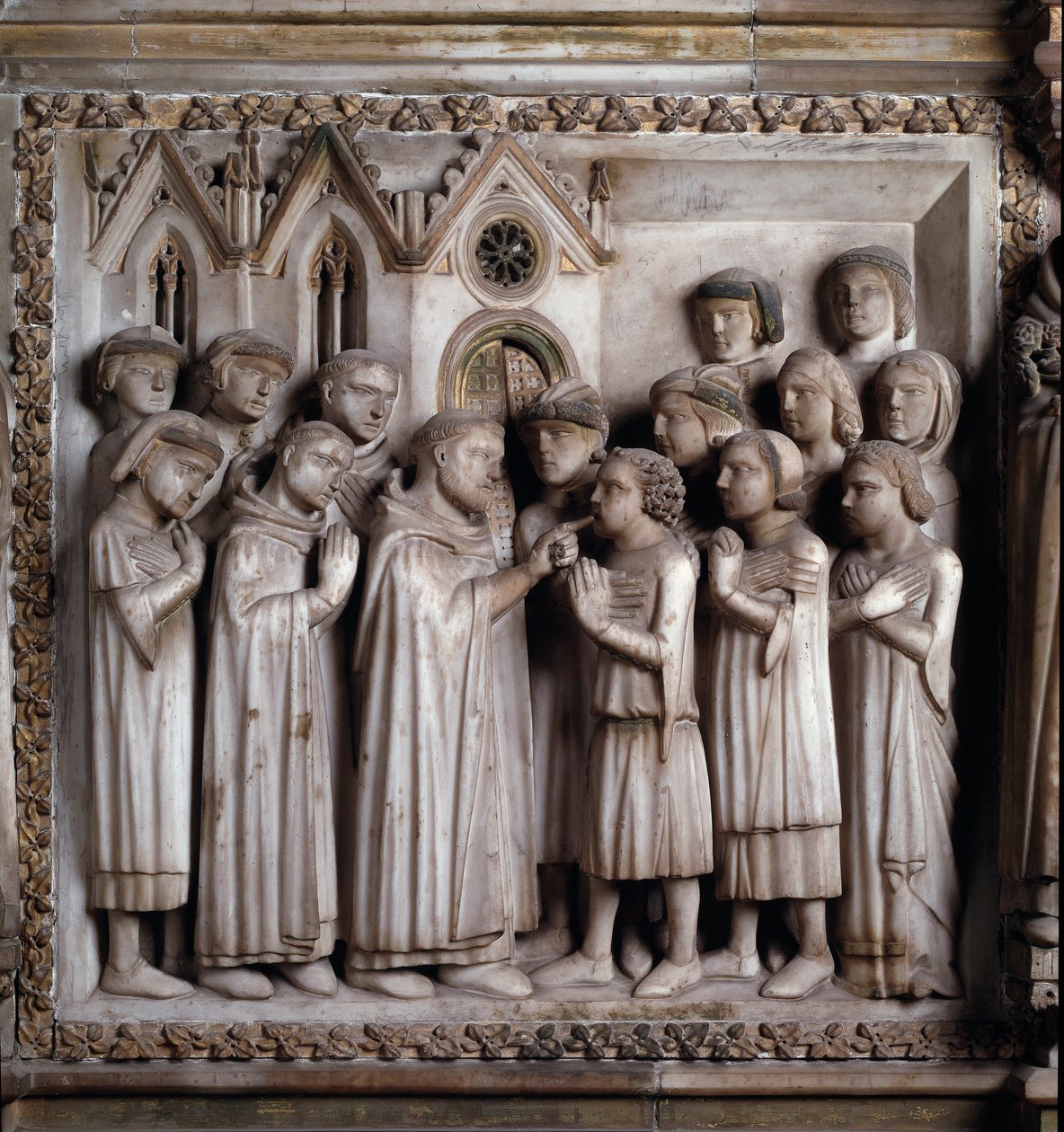 Den stummes mirakel (Life of St Peter of Verona). detalj av en marmorrelief av Giovanni Balduccio