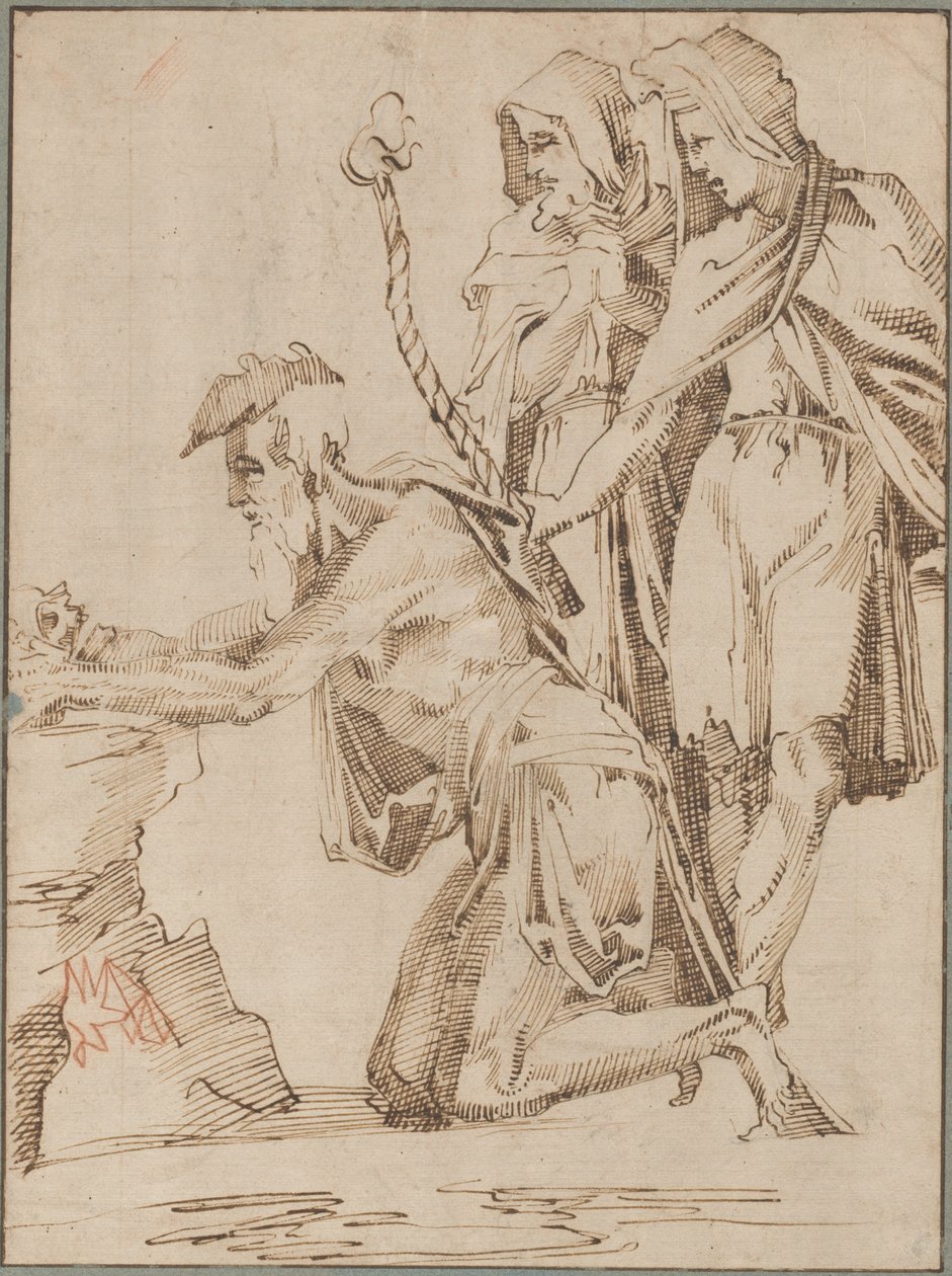 Knästående eremit och två draperade figurer som överväger en skalle av Giovanni Bandini