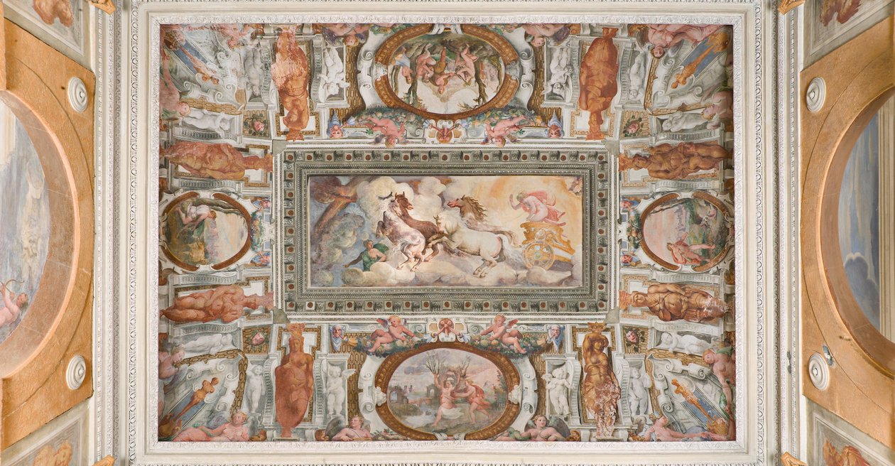 Solvagn driven av Apollo, Apollo Loggia, ca 1560 (fresk) av Giovanni Battista and Cambiaso Luca Castello