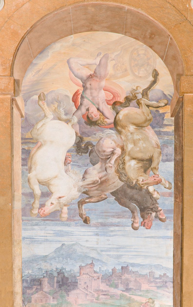 Solens vagn driven av Apollo som dyker mot jorden, Apollo Loggias östra vägg, ca 1560 (fresk) av Giovanni Battista and Cambiaso Luca Castello
