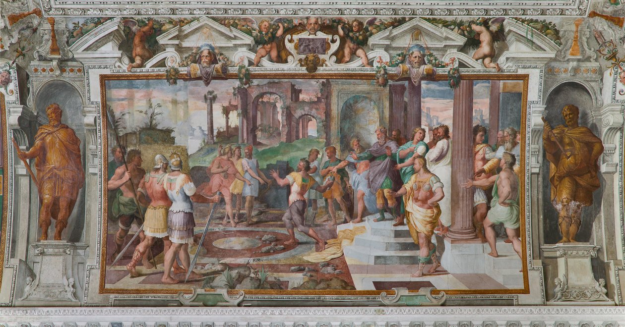 Ulysses berättelser: detalj av spelet att kasta sten vid Phaeacians hov, ca 1560 (fresk) (detalj av 3606285) av Giovanni Battista Castello
