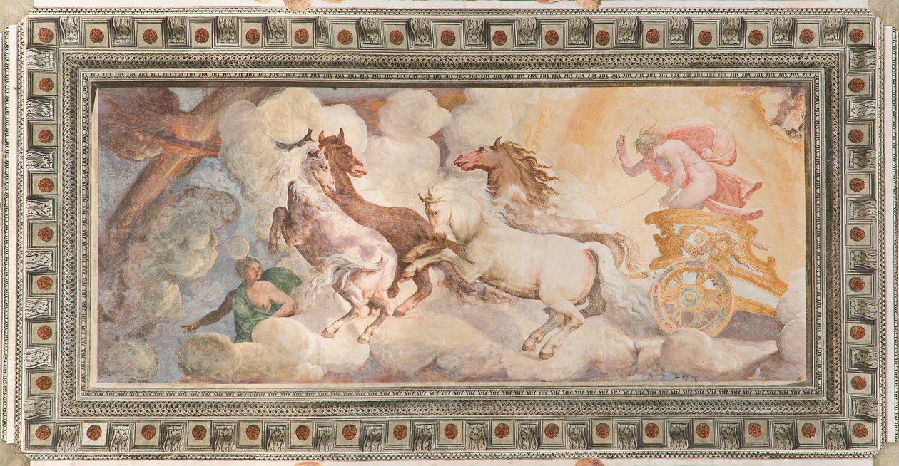 The Chariot of the Sun driven av Apollo, Apollo Loggia, ca 1560 (fresk) av Giovanni Battista and Cambiaso Luca Castello