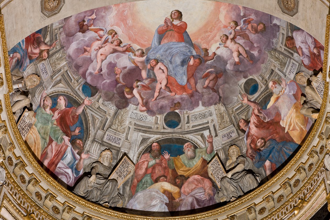 Genua, Duomo (St Lawrence Cathedral), inuti, Lercari-kapellet eller det heliga sakramentets kapell (norra absid), absid: "Jungfruns antagande", fresk av Giovanni Battista Castello känd som Bergamasco av Giovanni Battista Castello