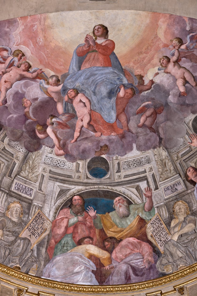 Genua, Duomo (St Lawrence Cathedral), inuti, Lercari-kapellet eller det heliga sakramentets kapell (norra absiden), absid: "Jungfruns antagande", fresk av Giovanni Battista Castello känd som Bergamasco av Giovanni Battista Castello