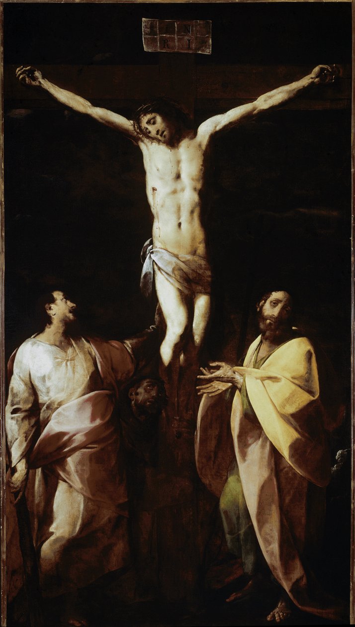 Korsfästelse med St James, St Philip och St Francis (olja på duk av Giovanni Battista  Crespi