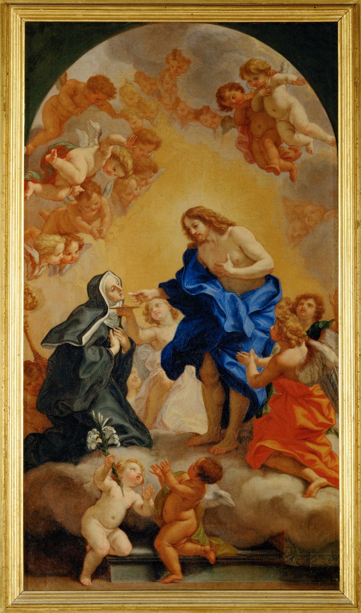 Une bienheureuse abesse recevant la communion des mains du Christ - En nunna tar emot nattvarden från Kristi händer ... av Giovanni Battista (1639-1709) Gaulli
