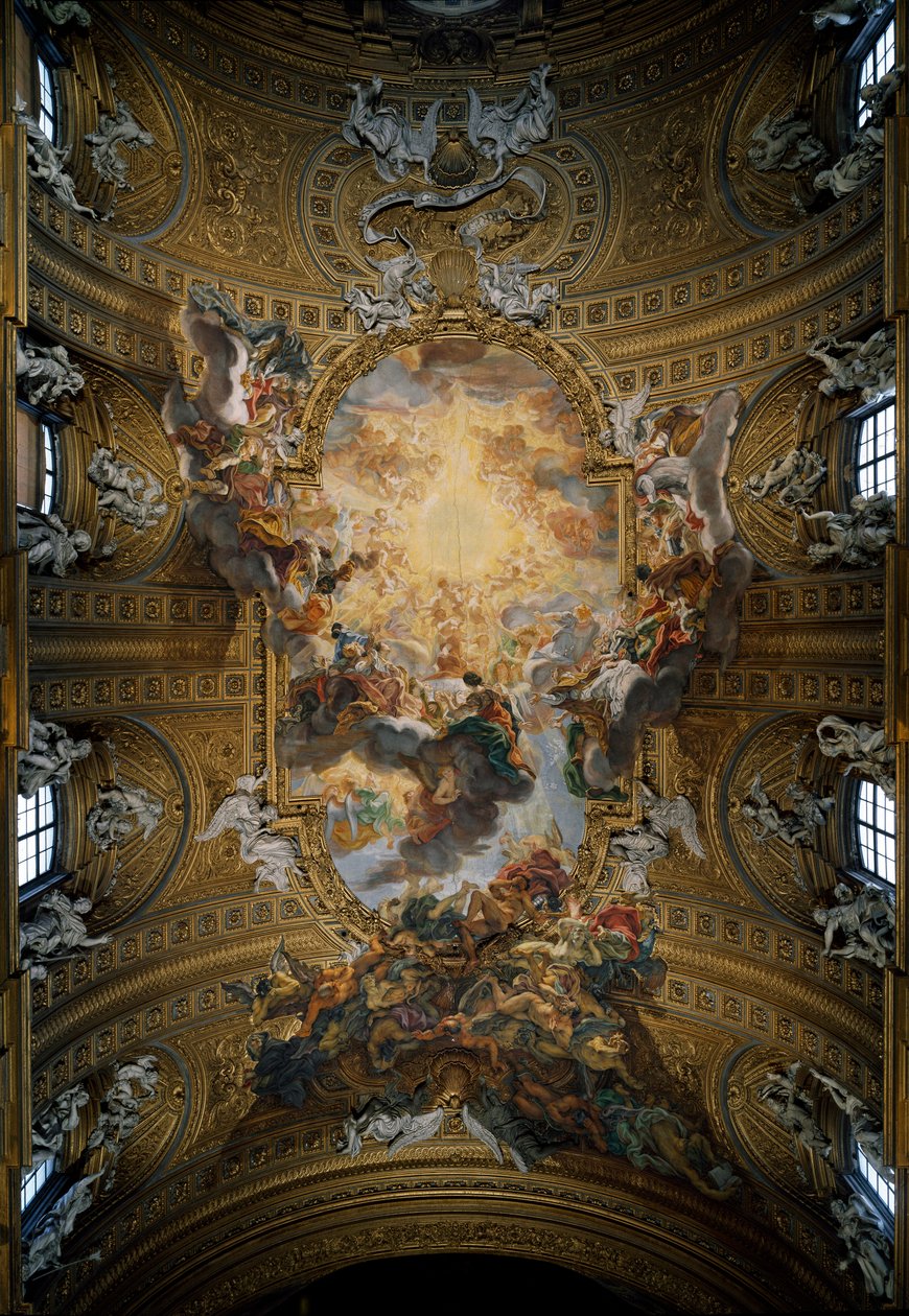 Triumfen för Jesu heliga namn Fresco of the Nave av Giovan Battista Gaulli Baciccia (1639-1709) Rom, Chiesa del Gesu (Church of the Gesu eller Church of the Holy Name of Jesu) Italien av Giovanni Battista  Gaulli