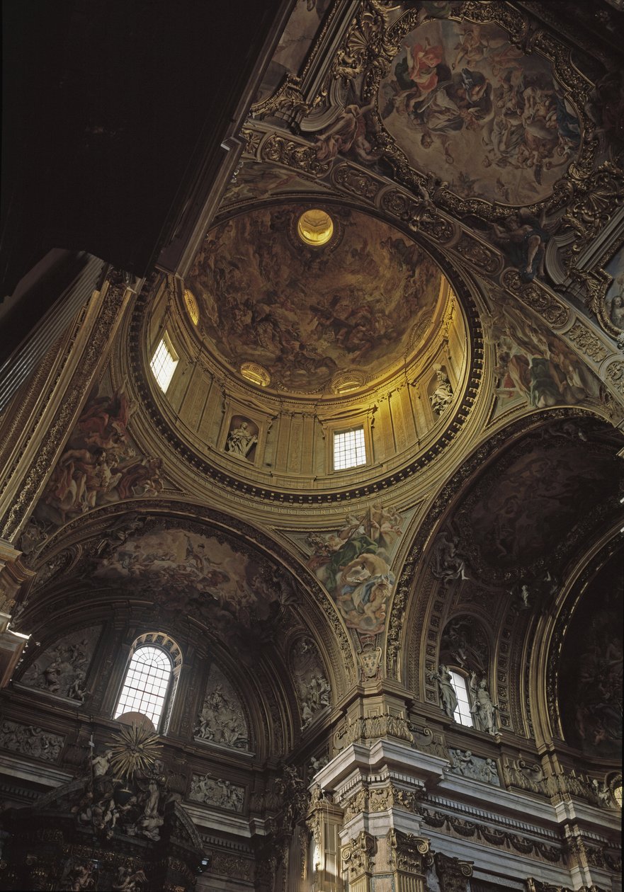 Utsikt över kupolen och fresken av Baciccia, Church of Gesu i Rom, cirka 1568 (interiörvy av Chiesa del Gesu med kupol och Baciccias fresker, Rom, Italien) av Giovanni Battista  Gaulli