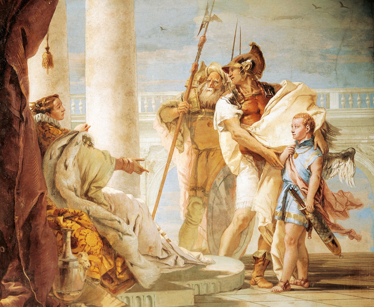 Aeneas presenterar Amor klädd som Ascanius för Dido, av Giambattista Tiepolo (1696-1770), fresk, Aeneidens rum, Villa Valmarana 