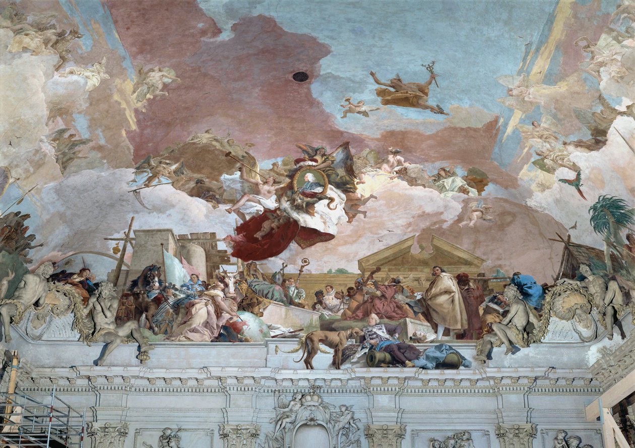 Biskop Carl Philipp von Greiffenklaus apoteos och den europeiska delen av takfresken ... (fresken) av Giovanni Battista (1696 1770) Tiepolo