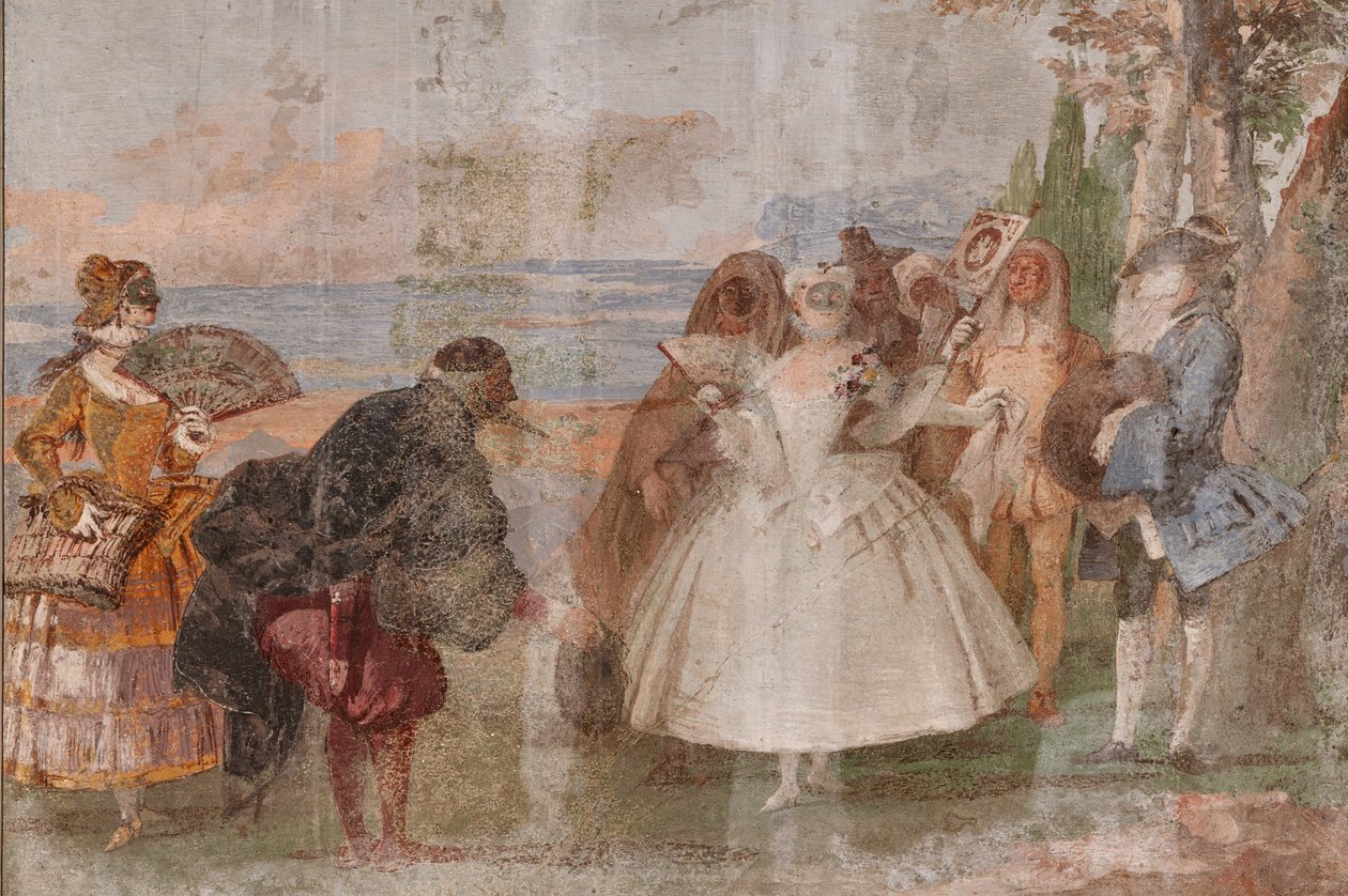 Guest Logis, the Room of the Carnival Scenes: "Pantalone and Columbina", en scen med masker av Giovanni Battista Tiepolo