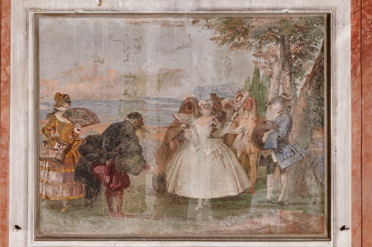 Guest Logis, the Room of the Carnival Scenes: "Pantalone and Columbina", en scen med masker av Giovanni Battista Tiepolo