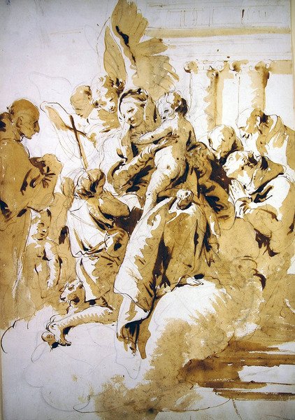 Madonna och barn med änglar, heliga och spädbarnet Johannes Döparen (penna & brunt bläck och tvätt på papper) av Giovanni Battista Tiepolo