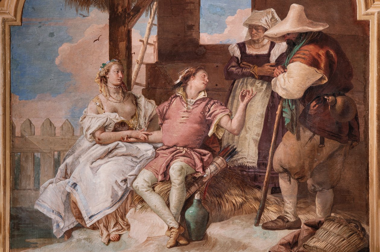 Palazzina (liten byggnad): andra rummet eller rummet i Ariosto med fresker som representerar avsnitt från "Orlando Furioso": "Angelica och Medoro i herdarnas hus" av Giovanni Battista Tiepolo