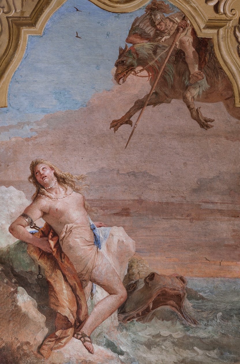 Palazzina (liten byggnad): andra rum eller rum i Ariosto med fresker som representerar avsnitt från "Orlando Furioso": "Ruggiero räddar Angelica från sjömonstret" av Giovanni Battista Tiepolo