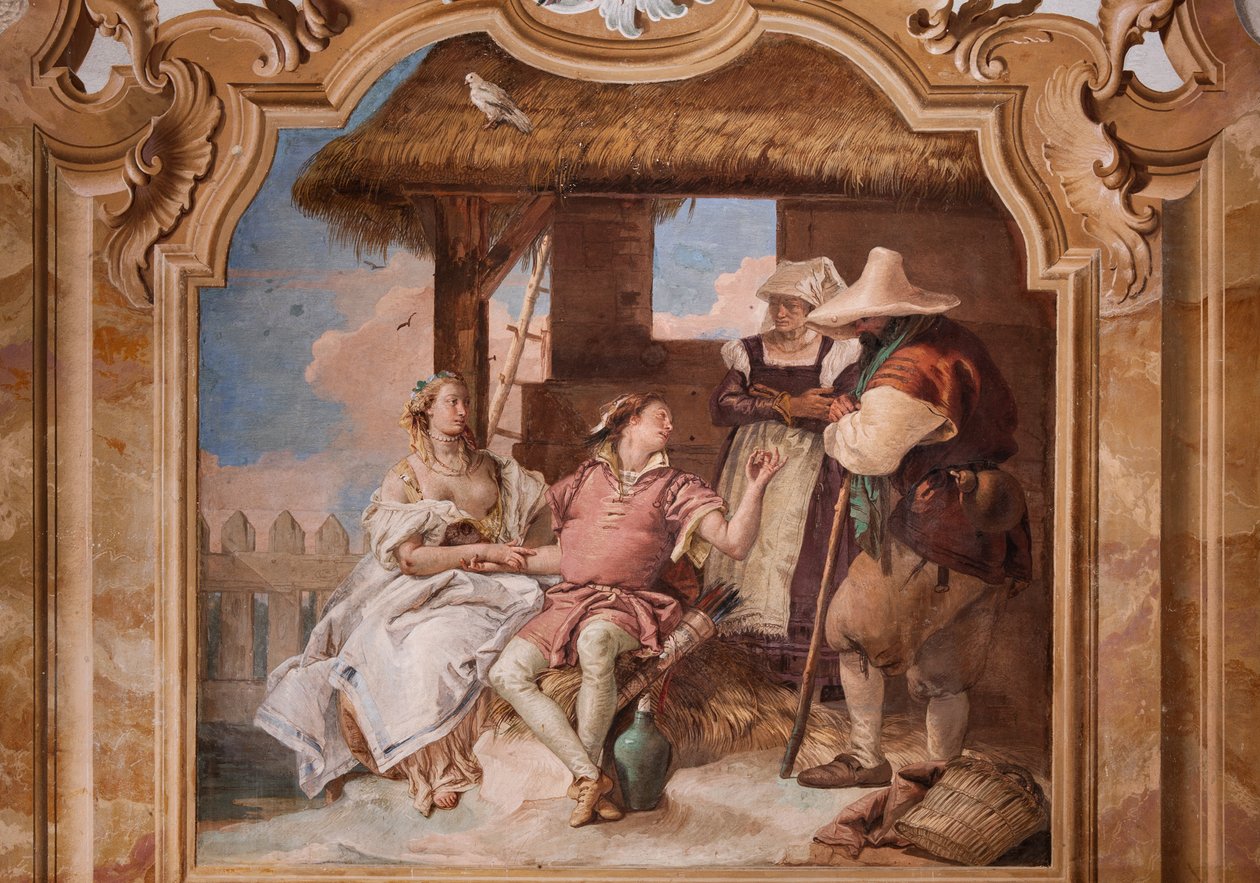 Palazzina (liten byggnad): andra rummet eller rummet i Ariosto med fresker som representerar avsnitt från "Orlando Furioso": "Angelica och Medoro i herdarnas hus" av Giovanni Battista Tiepolo