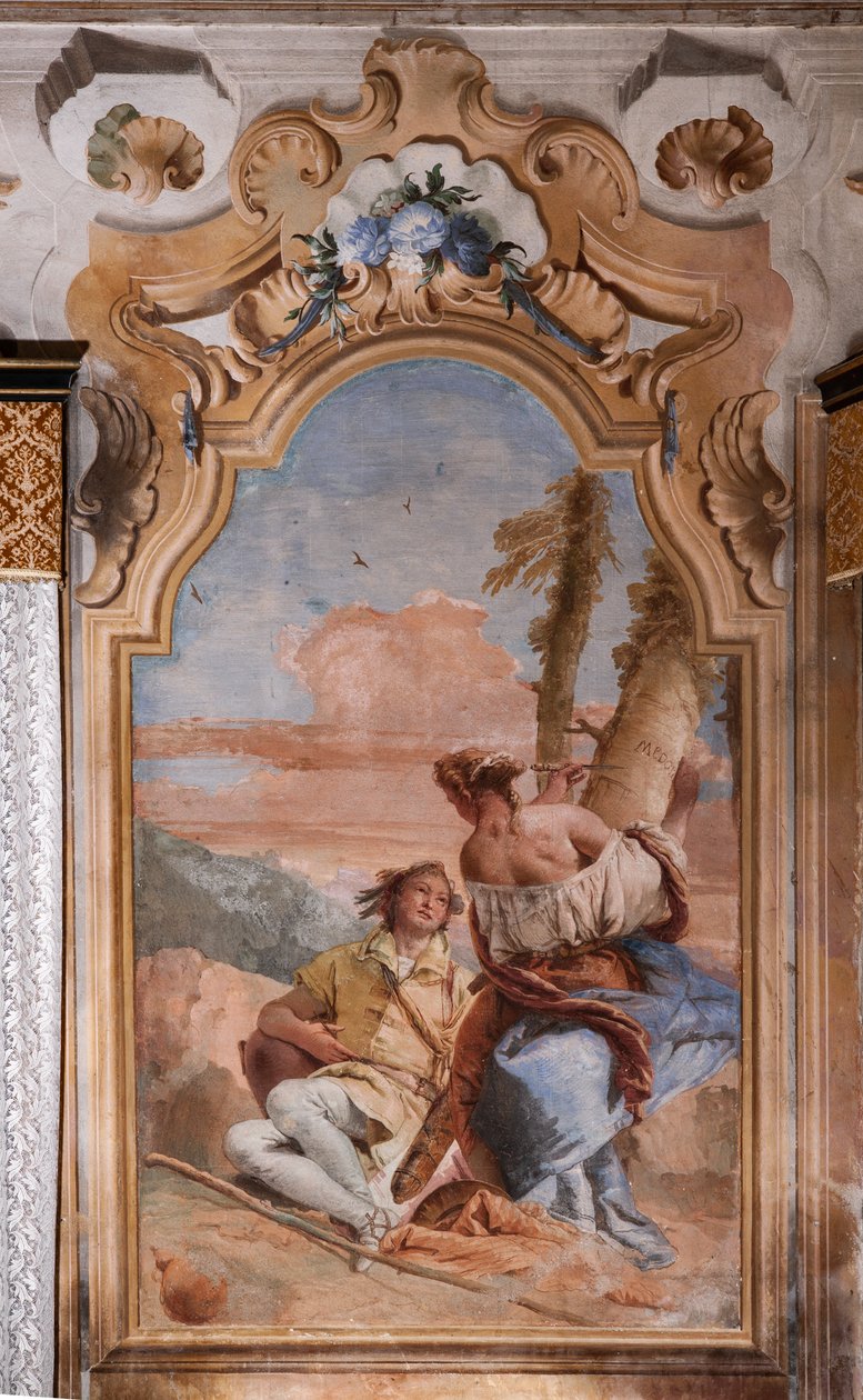 Palazzina (liten byggnad): andra rummet eller rummet i Ariosto med fresker som representerar avsnitt från "Orlando Furioso": "Angelica och Medoro graverar sina namn på växternas bark" av Giovanni Battista Tiepolo
