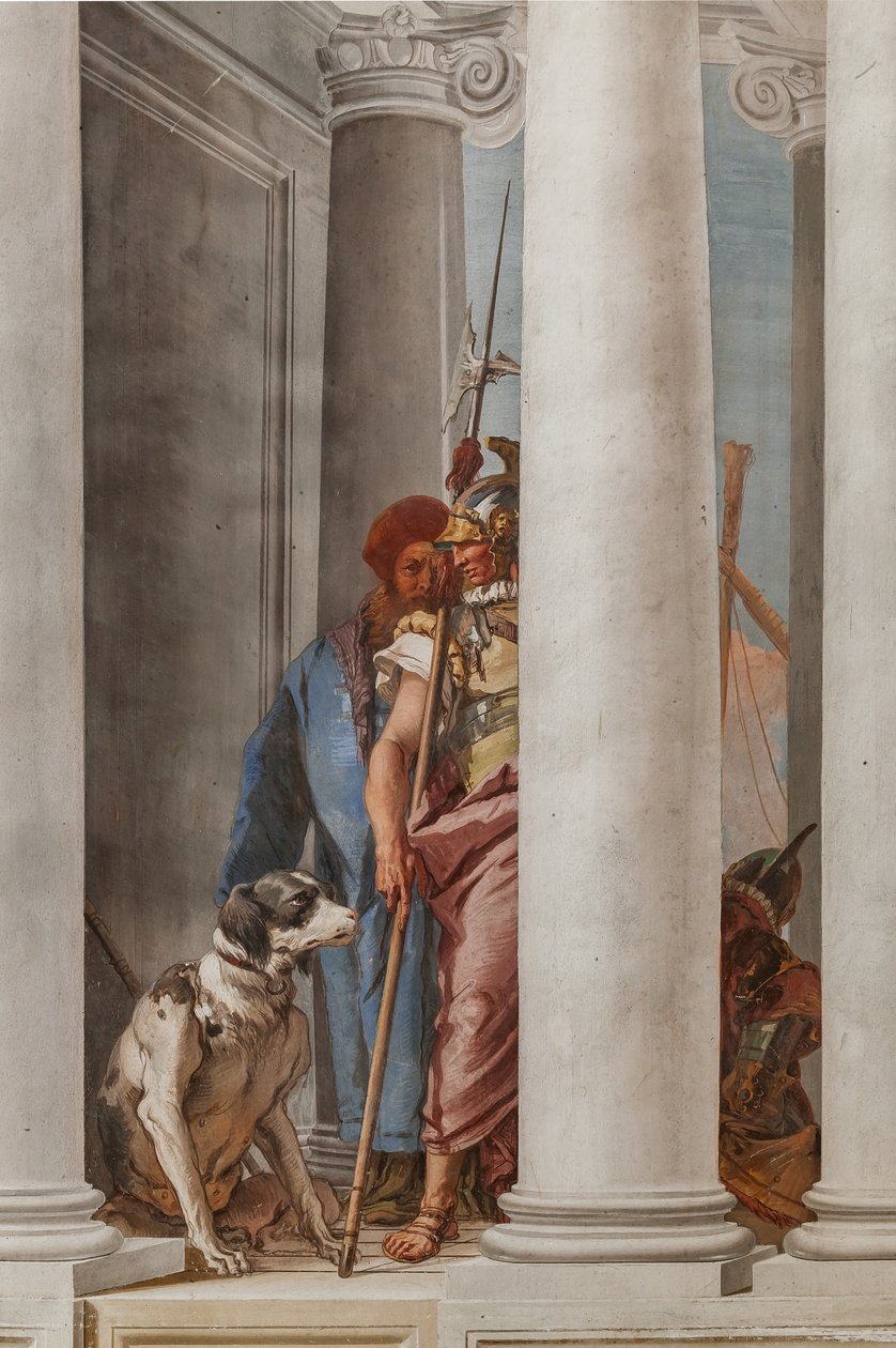 Palazzina (liten byggnad), entréhallen: "Den grekiska flottan i Aulide", detalj som representerar en hund och en soldat av Giovanni Battista Tiepolo