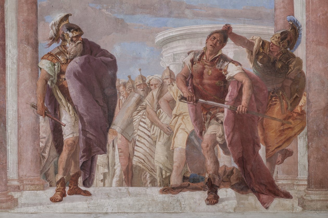 Palazzina (liten byggnad): utsikt över det första rummet och dess fresker som representerar episoder från Iliaden: "Athena hindrar Akilles från att dra sitt svärd mot Agamemnon", detalj av Giovanni Battista Tiepolo