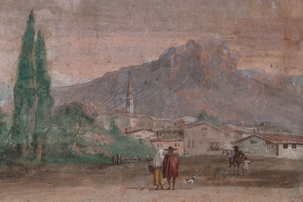 Palazzina (liten byggnad): utsikt över det första rummet och dess fresker som representerar episoder från Iliaden: "Amor med pilar som flyger över ett venetianskt landskap", detalj om landskapet av Giovanni Battista Tiepolo