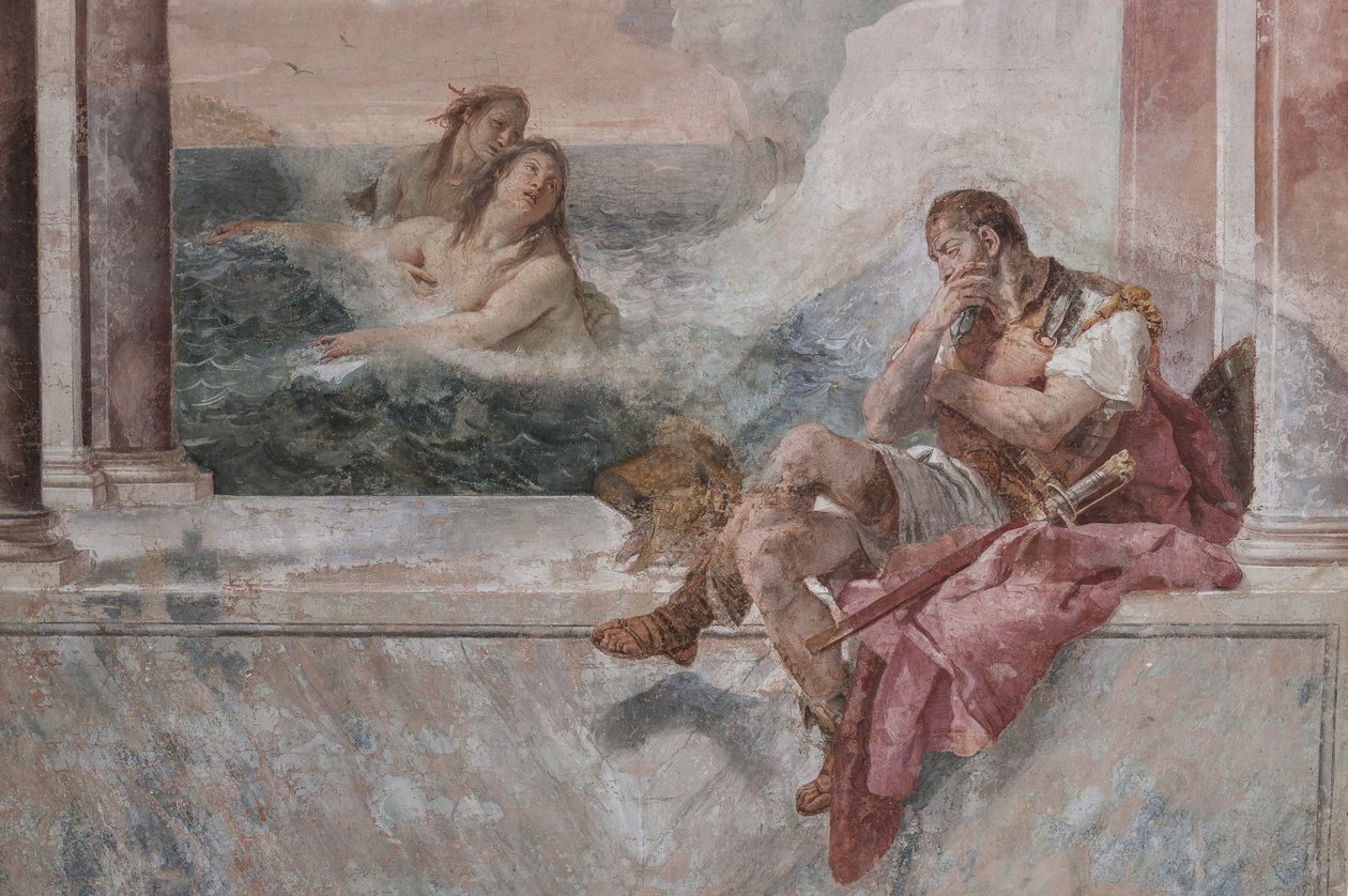 Palazzina (liten byggnad): utsikt över det första rummet och dess fresker som representerar episoder från Iliaden: "Akilles i tårar medan hans mamma Thetis kommer ut ur havet för att trösta honom", detalj av Giovanni Battista Tiepolo