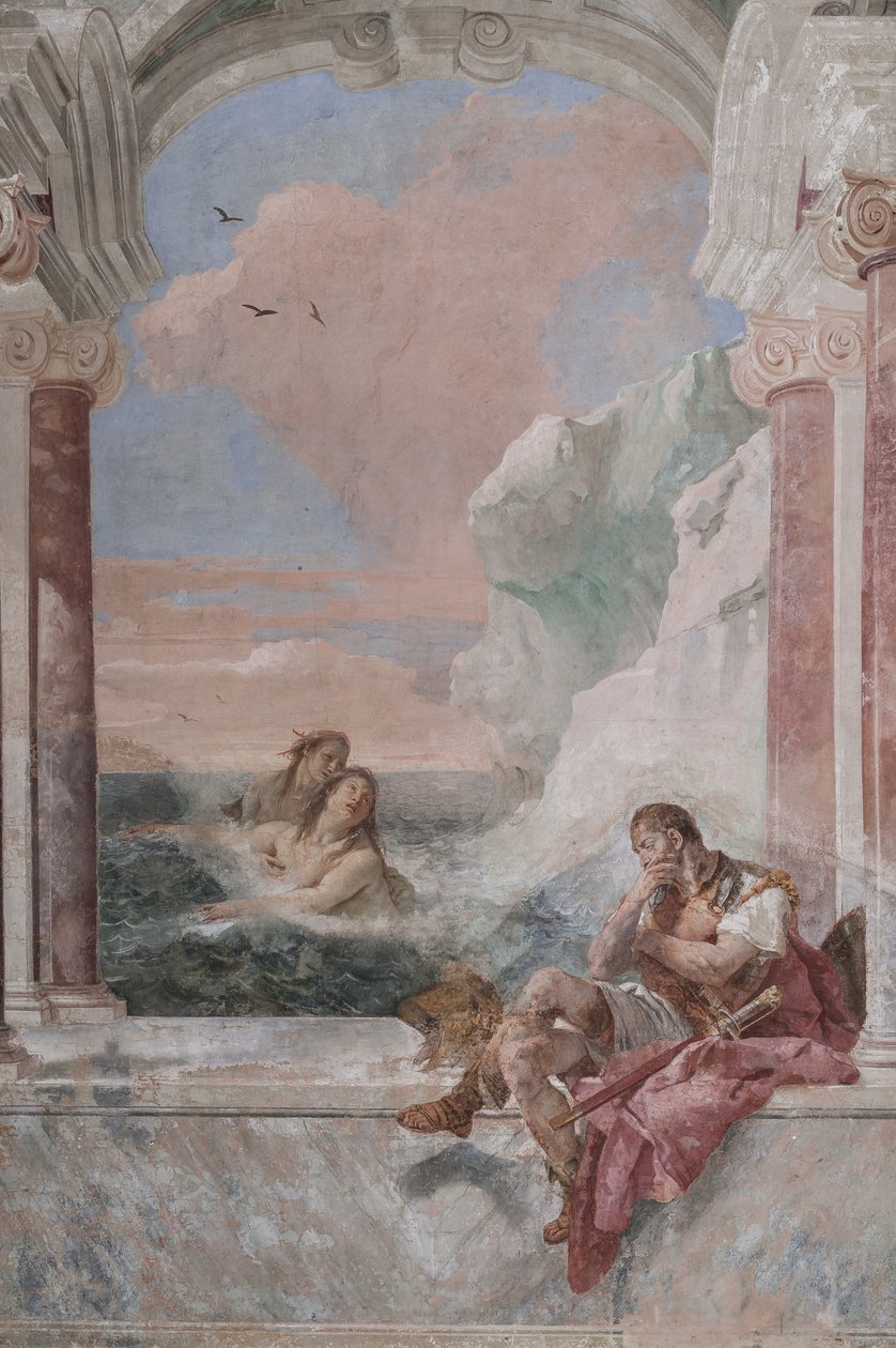 Palazzina (liten byggnad): utsikt över det första rummet och dess fresker som representerar episoder från Iliaden: "Akilles i tårar medan hans mamma Thetis kommer upp ur havet för att trösta honom" av Giovanni Battista Tiepolo