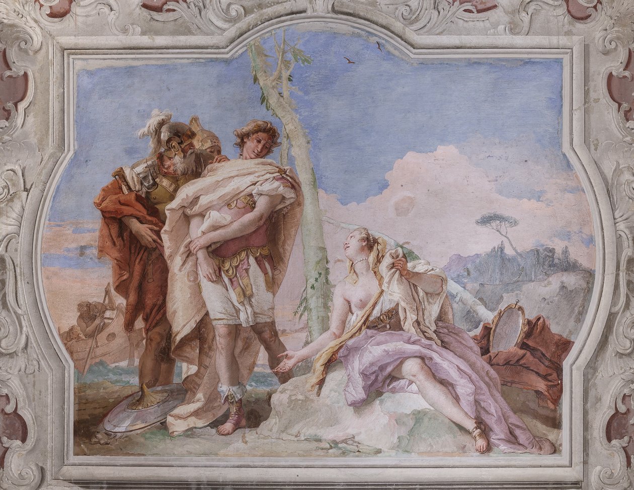 Palazzina (liten byggnad): utsikt över det fjärde rummet eller Torquato Tasso, med freescoes som representerar avsnitt av "Jerusalem Delivered": "Rinaldo, eskorterad av Ubaldo och Carlo, överger Armida" av Giovanni Battista Tiepolo