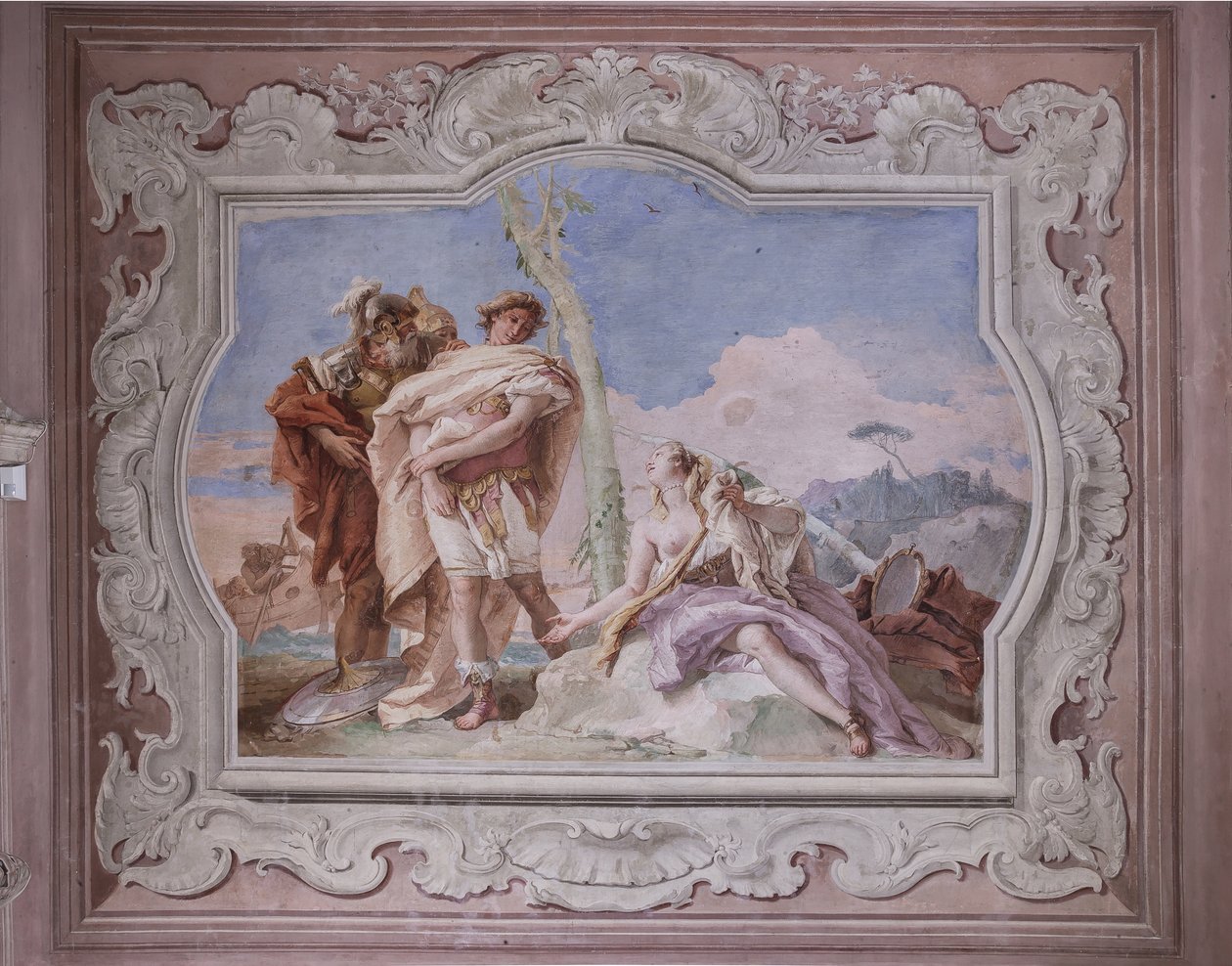 Palazzina (liten byggnad): utsikt över det fjärde rummet eller Torquato Tasso, med freescoes som representerar avsnitt av "Jerusalem Delivered": "Rinaldo, eskorterad av Ubaldo och Carlo, överger Armida" av Giovanni Battista Tiepolo