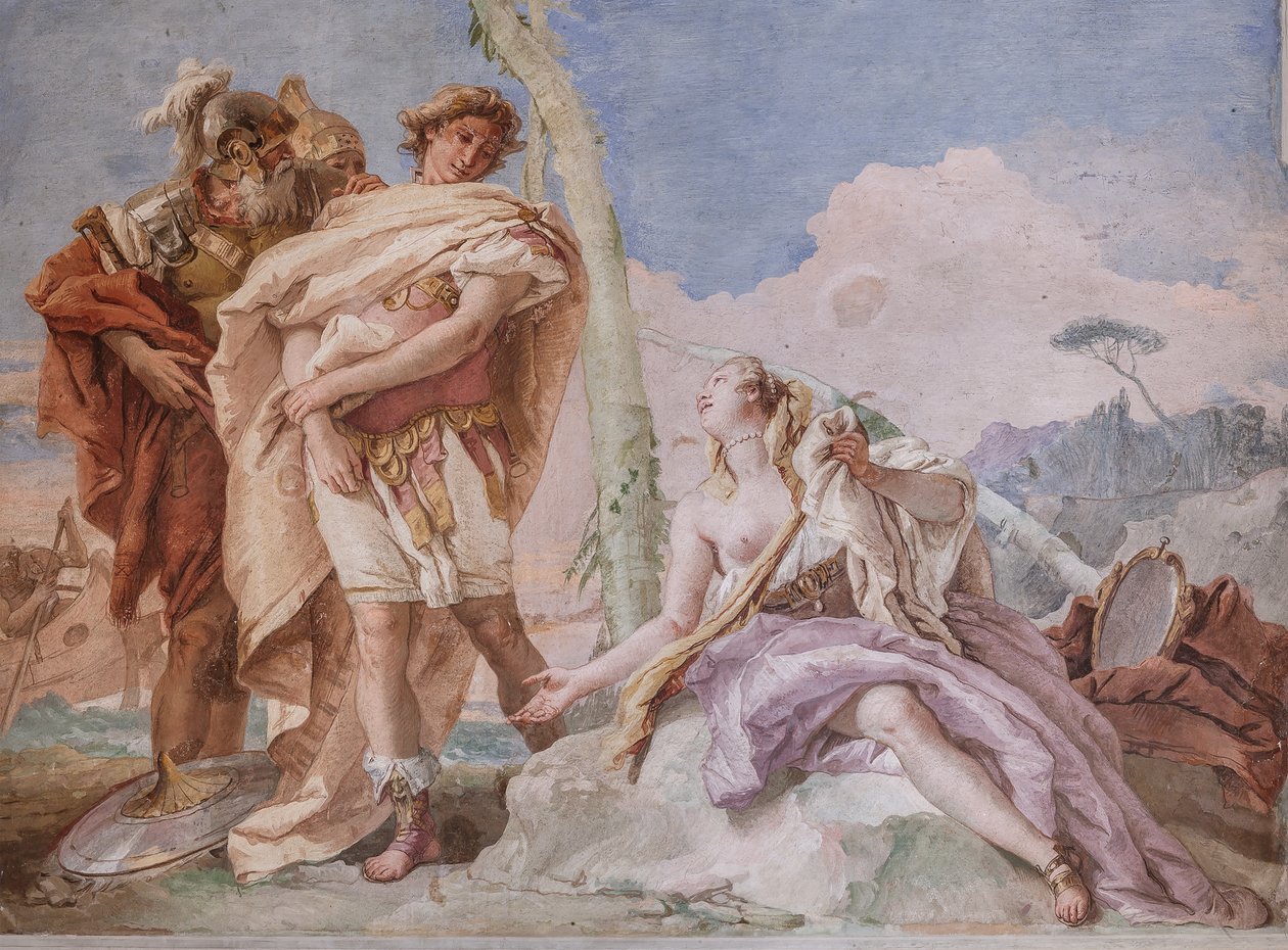 Palazzina (liten byggnad): utsikt över det fjärde rummet eller Torquato Tasso, med freescoes som representerar avsnitt av "Jerusalem Delivered": "Rinaldo, eskorterad av Ubaldo och Carlo, överger Armida" av Giovanni Battista Tiepolo