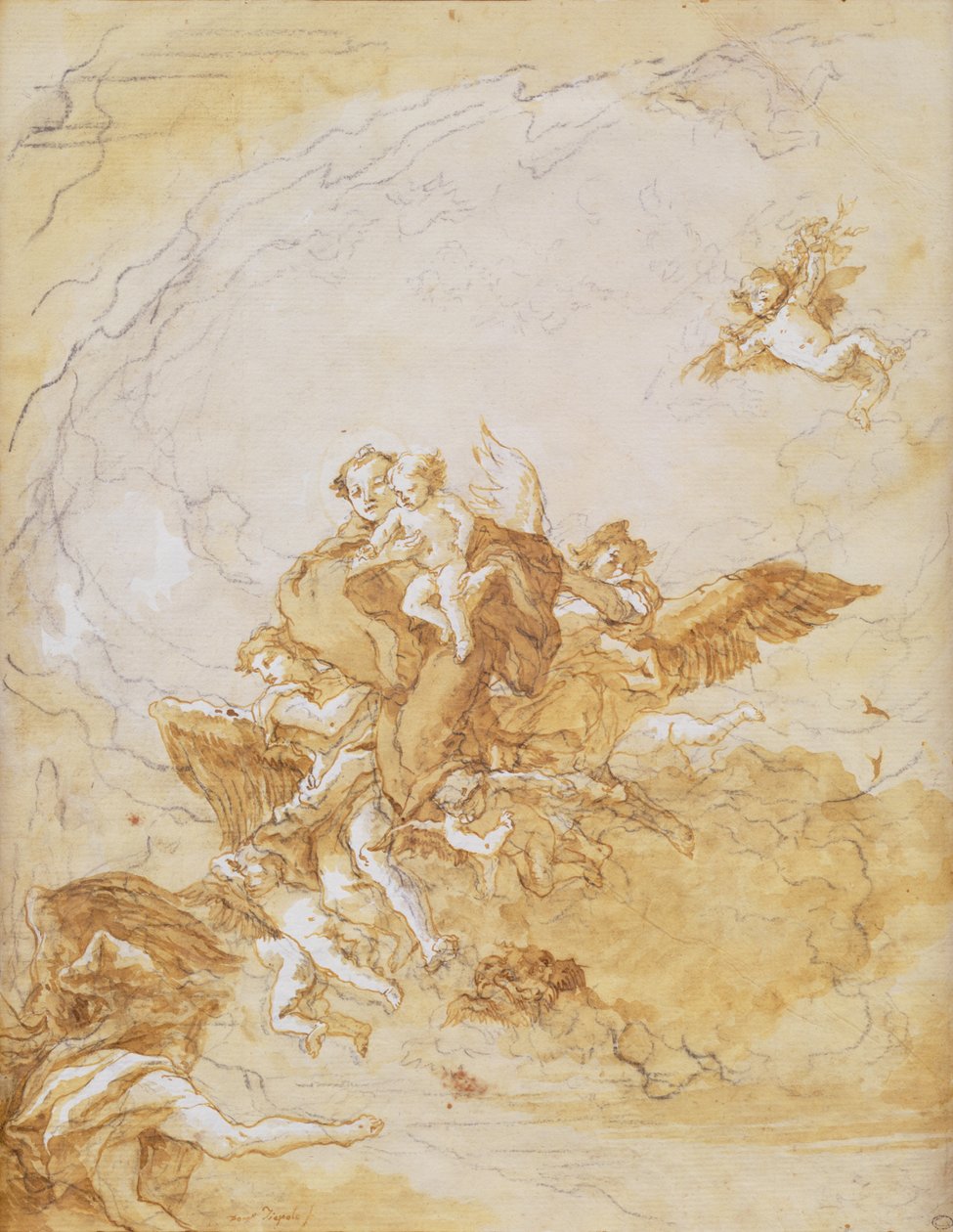 Sankt Antonius och Kristusbarnet stöds av änglar (penna och bläck) av Giovanni Battista Tiepolo