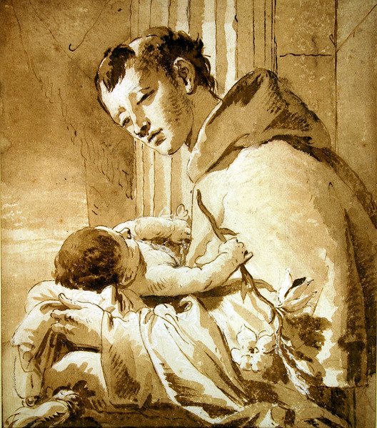 St. Anthony som håller Kristusbarnet (penna, brunt bläck och tvätt) av Giovanni Battista Tiepolo