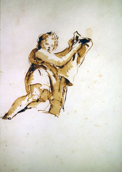 Studie av en ungdom som håller upp en mantel (penna, brunt bläck och tvätt på papper) av Giovanni Battista Tiepolo