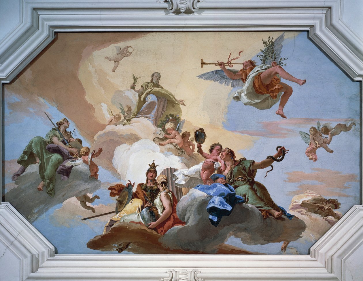 Triumph of Glory tillkännagav av Fame som står bland kardinaldygderna av Giovanni Battista Tiepolo