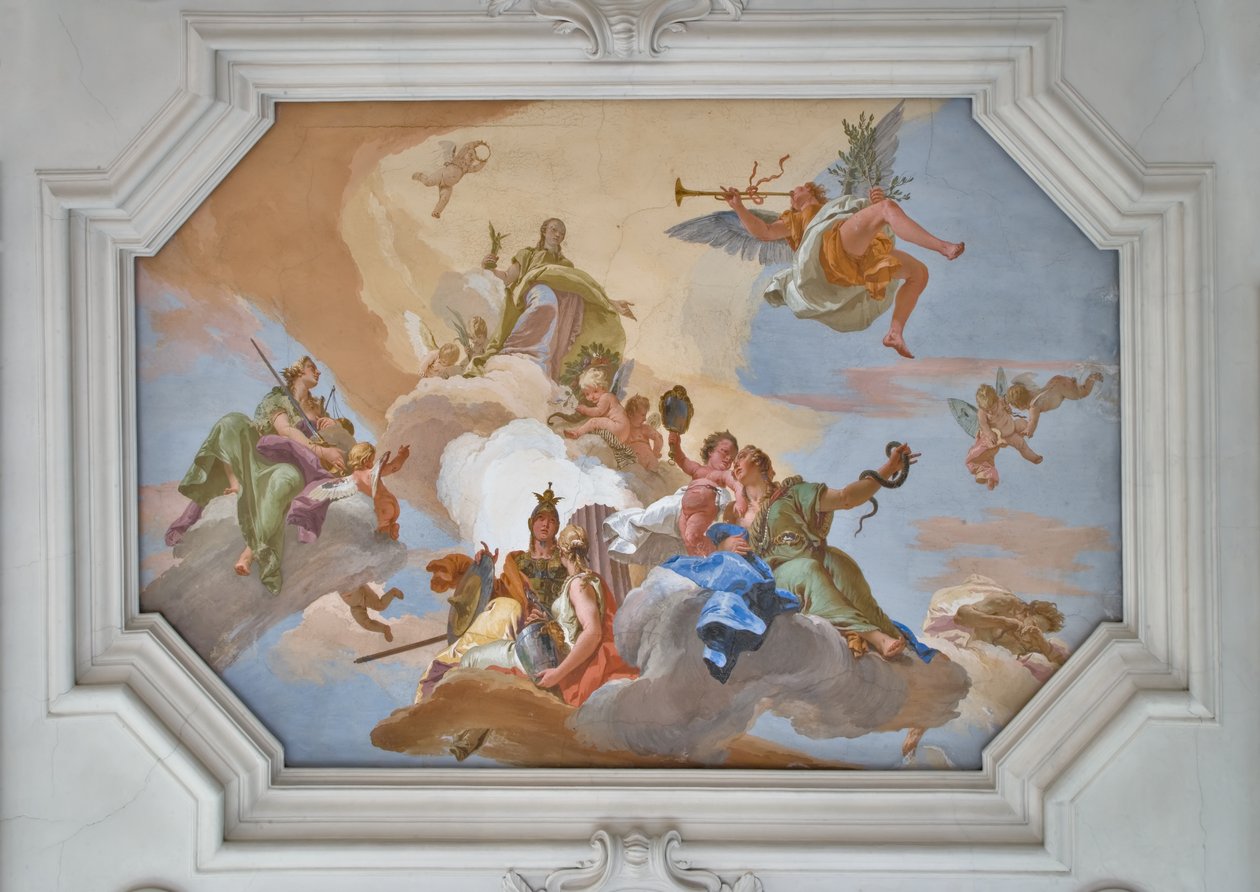 Triumph of Glory tillkännagav av Fame som står bland kardinaldygderna av Giovanni Battista Tiepolo