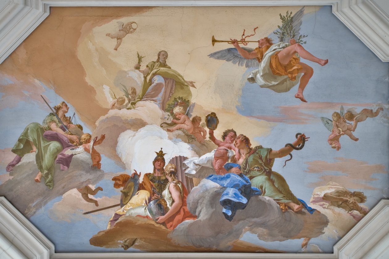 Triumph of Glory tillkännagav av Fame som står bland kardinaldygderna av Giovanni Battista Tiepolo
