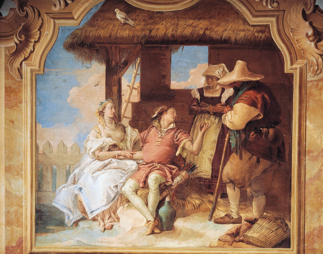 Angelica och Medoro tar avsked från bönder av Giambattista Tiepolo från Nani Room of the Frenzy of Orlando i Villa Valmarana, fresk av Giovanni Battista Tiepolo