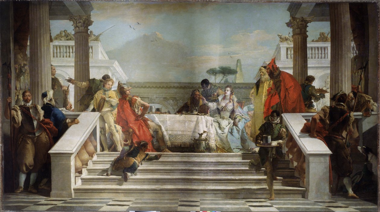 Kleopatras högtid. Den egyptiska drottningen (69-30 f.Kr.) är troligen avbildad med den romerske politikern och generalen Marc Antonius (Marcus Antonius, 83-30 f.Kr.). (Kleopatras festmåltid). Målning av Giambattista Tiepolo (1696-1770). Olja på t av Giovanni Battista Tiepolo
