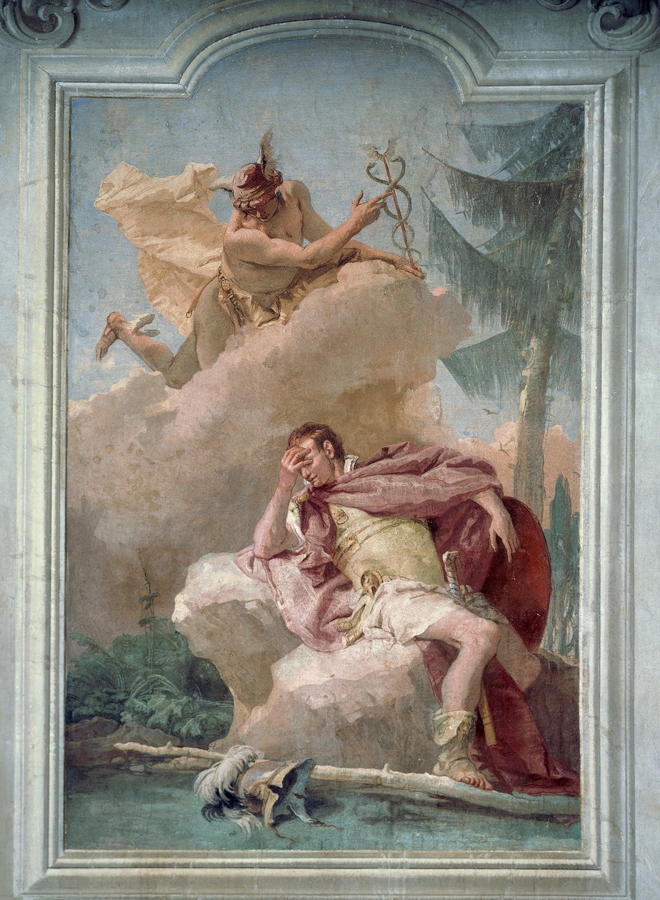 Merkurius visar sig för Aeneas i en dröm för att beordra honom att åka till Kartago, av Giambattista Tiepolo (1696-1770), Aeneidens rum, Villa Valmarana 