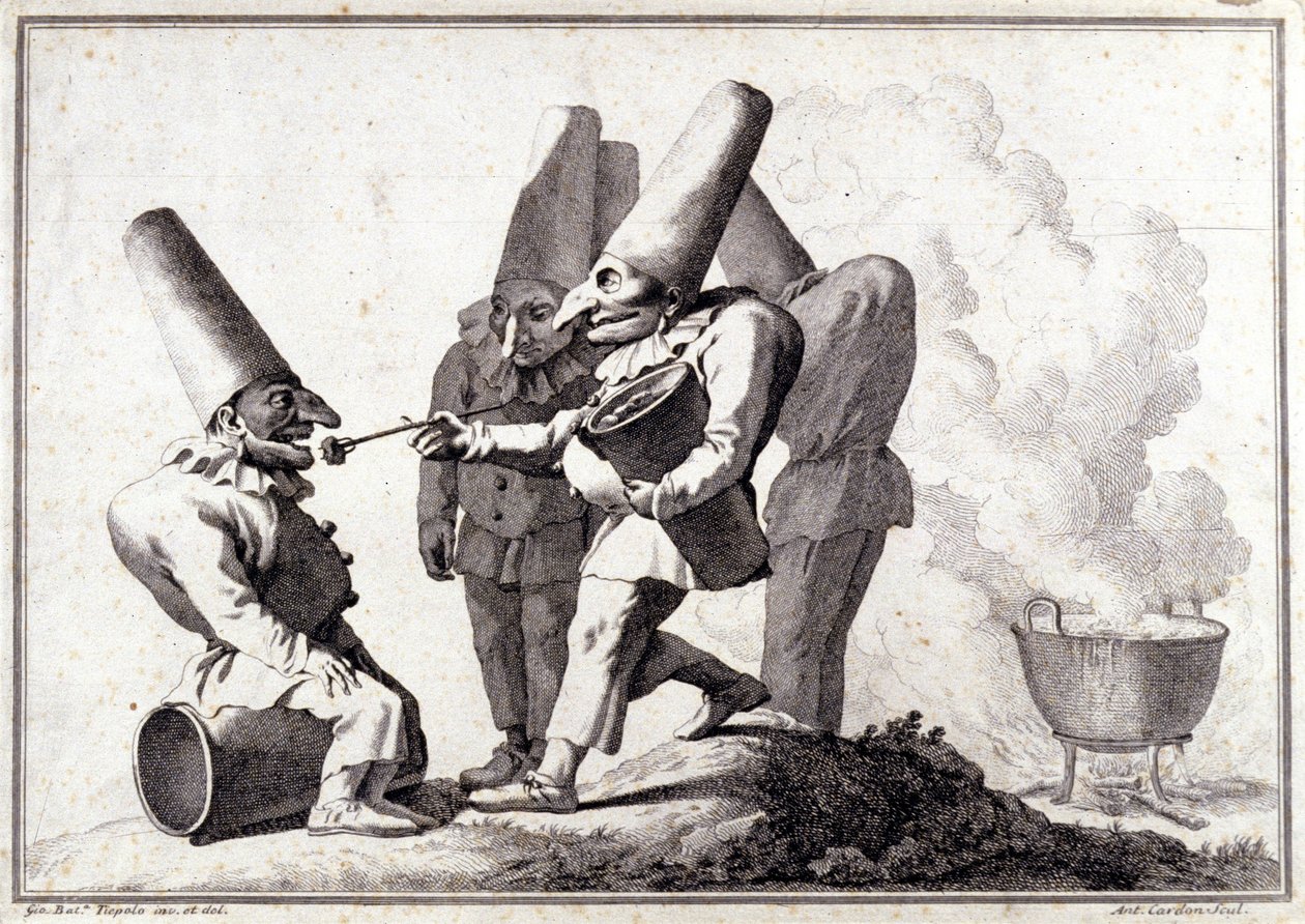 Gruppen av Pulcinella (italienska Polichinelle). Ritning i penna och tvätt på pennmärke av Giovanni Battista (Giambattista) Tiepolo (1696-1770). av Giovanni Battista Tiepolo