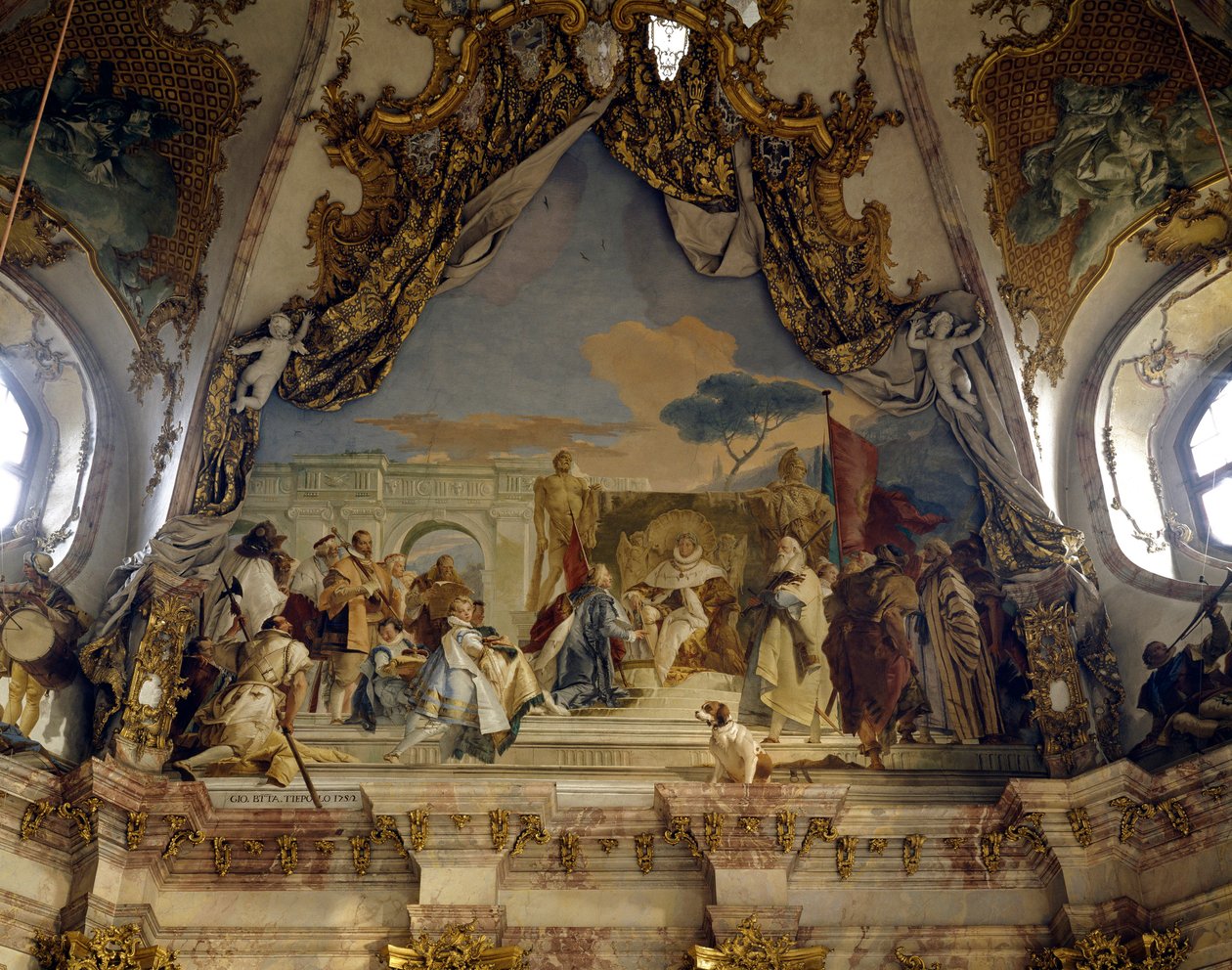 Anläggningen av Eveque Aroldo av Frederic I av Hohenstaufen (1122-1190) dit Frederic Barberousse, kung av Tyskland och germanske kejsaren Fresco av Giovanni Battista (Giambattista) Tiepolo (1696-1770). 1700-talspalatset i Wurzburg (Würzburg) Tyskland av Giovanni Battista Tiepolo