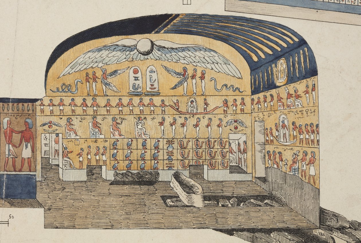 Sektion av Psammuthis grav i Thebe, upptäckt och öppnad av Belzoni 1818 (handfärgad litho) av Giovanni Battista (after) Belzoni