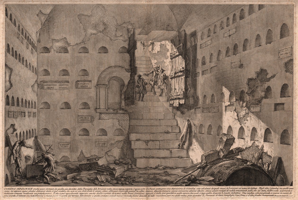 Utsikt över en forntida gravkammare upptäckt 1736 nära Rom, Italien (gravyr) av Giovanni Battista (after) Piranesi