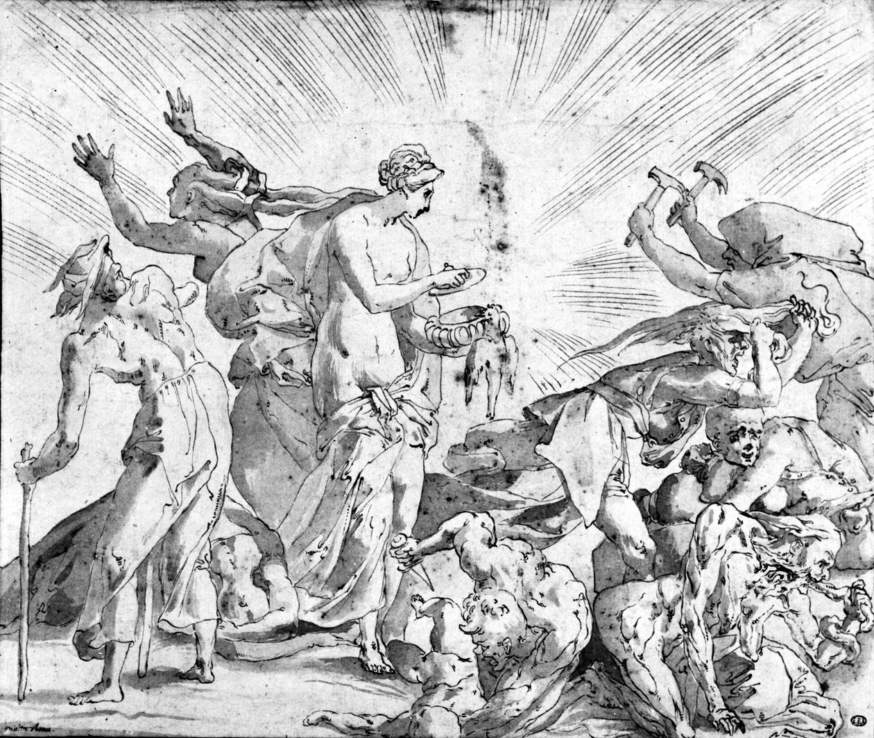Myten om Pandoras ask, teckning av Rosso av Giovanni Battista (after) Rosso