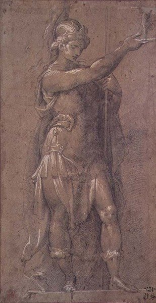 Minerva, ca 1605-09 (svart krita förhöjd med vitt på papper) av Giovanni Battista 1567 1633 Crespi