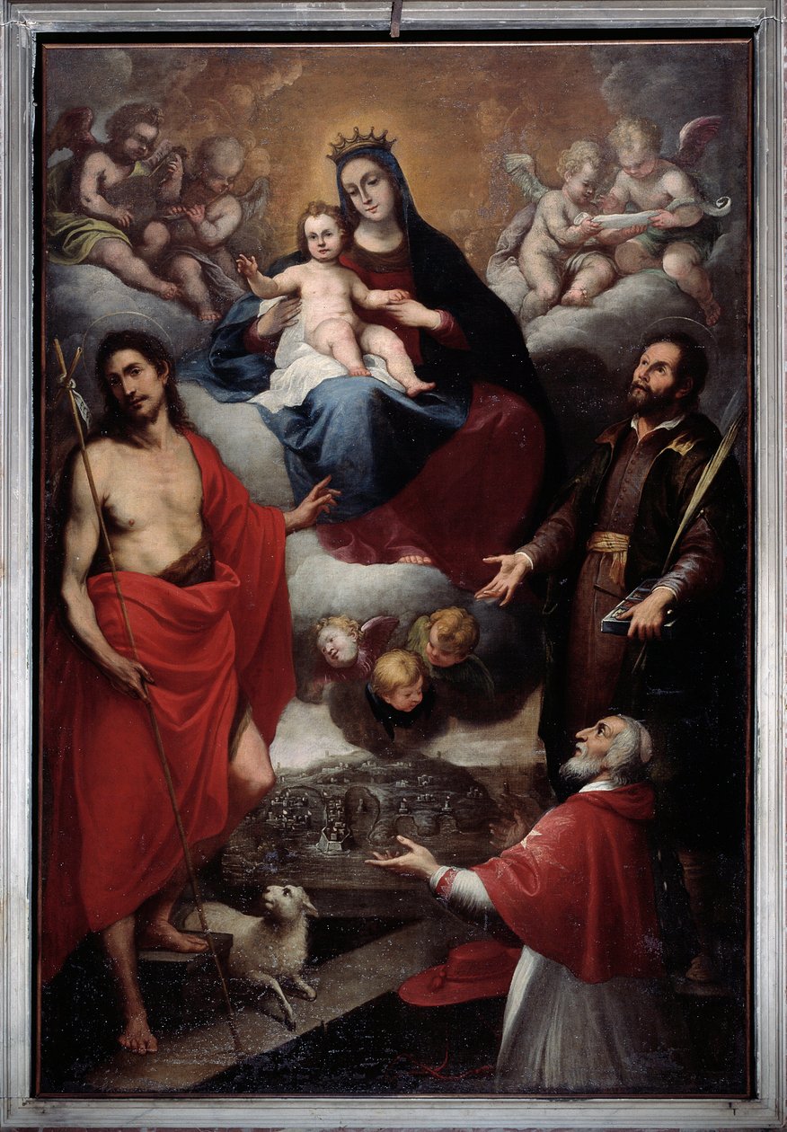 Jungfru med St John the Baptist och St Lawrence (olja på duk av Giovanni Battista Baiardo