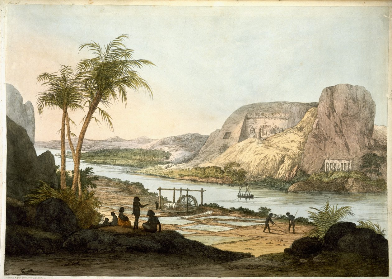 Exteriörvy av de två templen i Abu Simbel, från plattor som illustrerar forskarna i Egypten och Nubien, publicerad 1822 av Giovanni Battista Belzoni