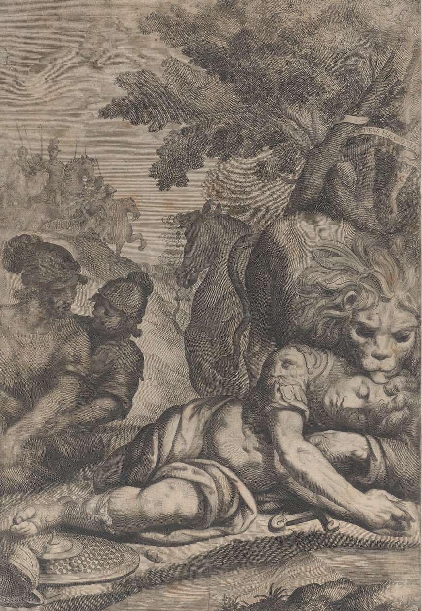 Ett lejon ovanpå en fallen ryttare till höger, med två andra soldater till vänster, 1640-70. av Giovanni Battista Bonacina