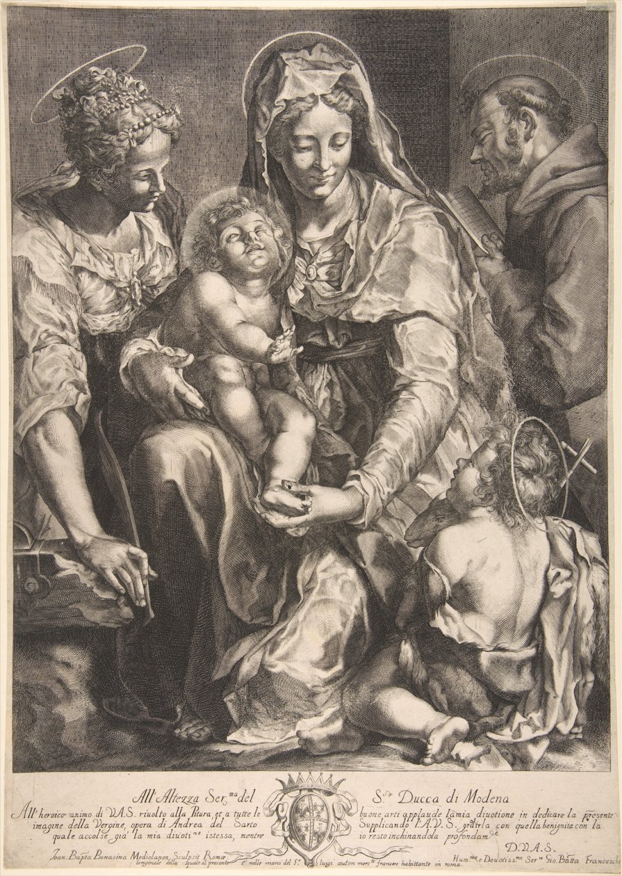 Jungfru och barn med Saint Catherine, Francis of Assisi och Johannes Döparen, mitten av 1600-talet. av Giovanni Battista Bonacina