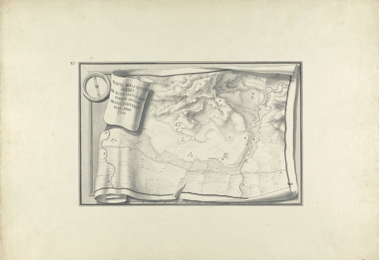 Plan över ruinerna vid Sardis med rester av gamla byggnader som fortfarande existerade 1750, ca 1750 (penna och bläck med tvätt över grafit på papper) av Giovanni Battista Borra