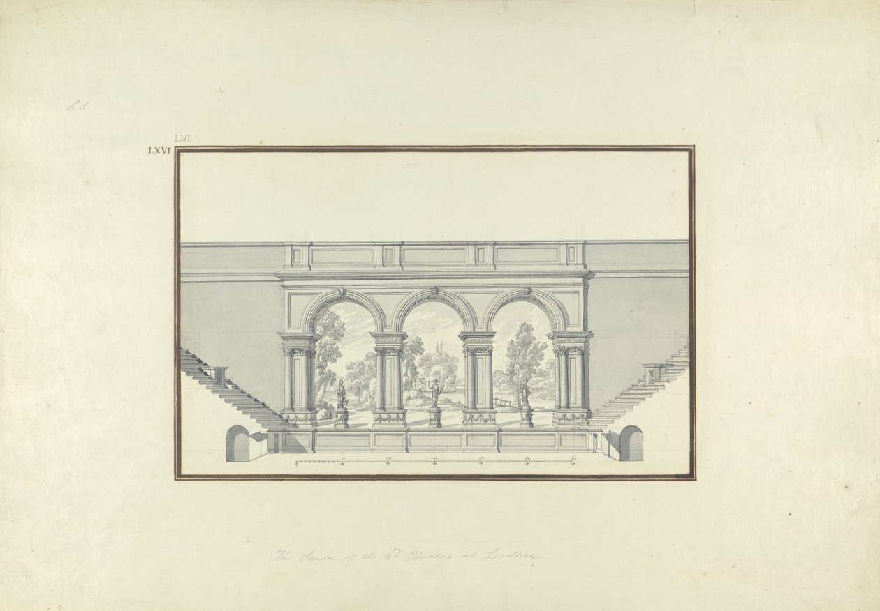 Rekonstruktion av den andra teatern i Laodicea, ca 1750 (penna och bläck och skölj över grafit på lagt papper) av Giovanni Battista Borra